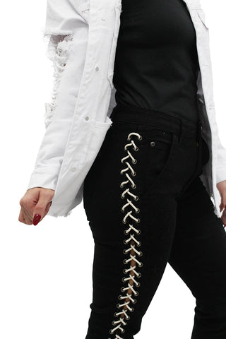 White Ripped Harley Denim Jacket & Black Lacy Jeans