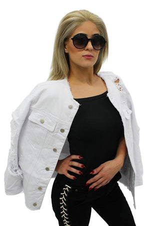 White Ripped Harley Denim Jacket & Black Lacy Jeans