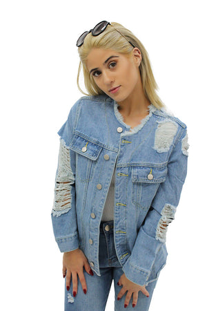 Blue Ripped Harley Denim Jacket & Patches Jeans